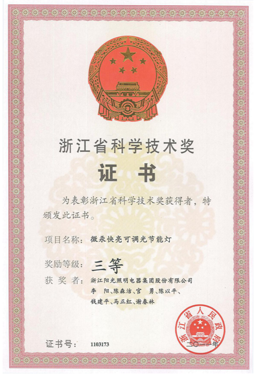 浙江省科學技術進步三等獎證書